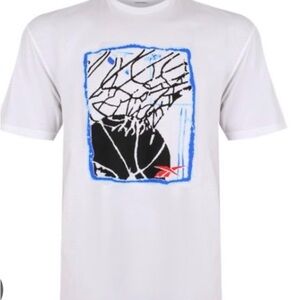 Reebok White T w/abstract of basketball & hoop, called “Above The Rim”. NWT